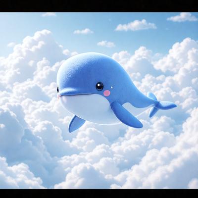 The primary subject of the image is a blue whale flying through a cloudy sky. The whale is the main focus of the image, and it appears to be a digital art or illustration. The setting is a cloudy sky, and the visual style gives the impression of a cartoon or animated scene. The colors in the image are predominantly blue and white, creating a calm and serene atmosphere.